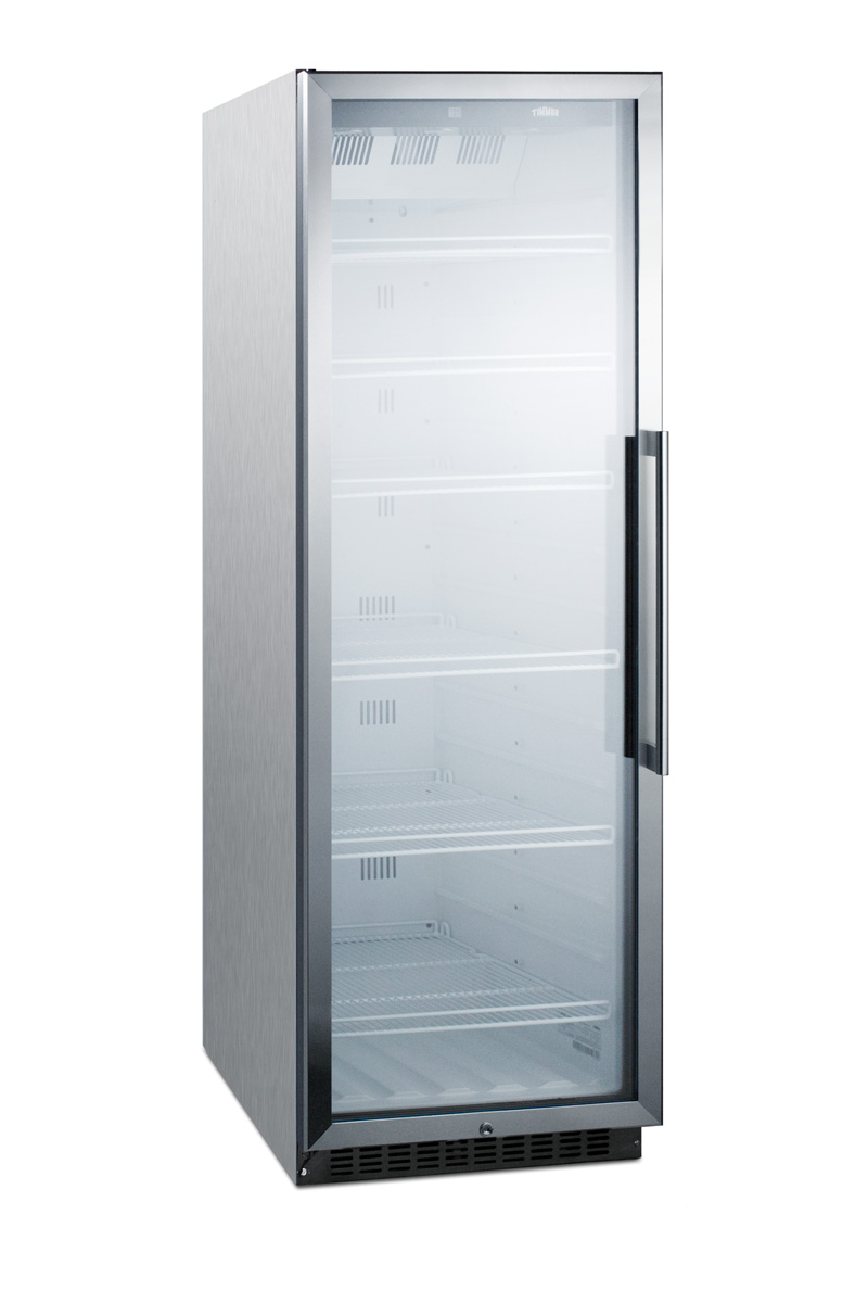 Commercial beverage merchandiser designed for the display and refrigeration of beverages and sealed food, with 12.6 cu.ft. capacity, digital thermostat and self-closing door with a left hand swing